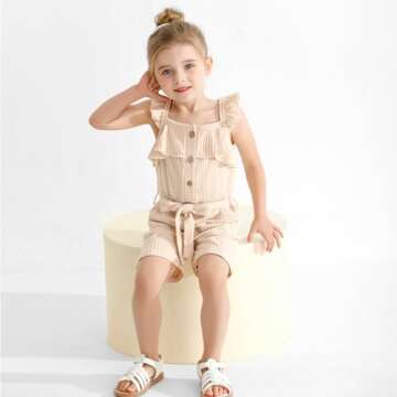 Kid Toddler Girl Clothes Girls 5t Outfits Casual Sleeveless Jumpsuits Ruffle Ribbed Romper with Pockets Girls' Clothing Sets Summer Outfit for Girls Clothes 4-5t Beige