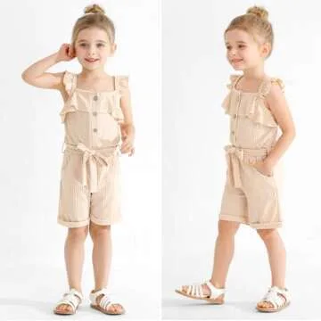 Kid Toddler Girl Clothes Girls 5t Outfits Casual Sleeveless Jumpsuits Ruffle Ribbed Romper with Pockets Girls' Clothing Sets Summer Outfit for Girls Clothes 4-5t Beige