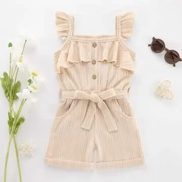 Kid Toddler Girl Clothes Girls 5t Outfits Casual Sleeveless Jumpsuits Ruffle Ribbed Romper with Pockets Girls' Clothing Sets Summer Outfit for Girls Clothes 4-5t Beige