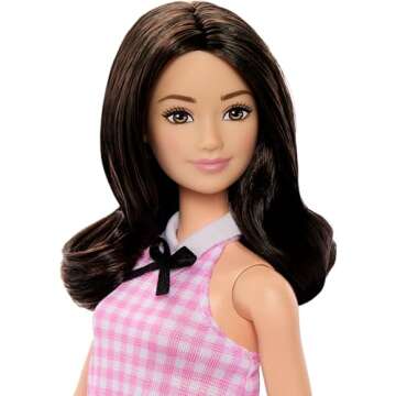 Barbie Fashionistas Doll #224 with Black Wavy Hair, Pink Gingham Dress & Accessories, 65th Anniversary Collectible Toy