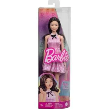 Barbie Fashionistas Doll #224 with Black Wavy Hair, Pink Gingham Dress & Accessories, 65th Anniversary Collectible Toy