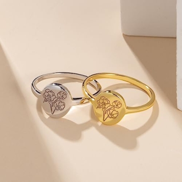 YeGieonr Handmade Flower Signet Ring,18K Gold Ring for Women, Minimalistic Statement Ring with Botanical Engraved Delicate Personalized Jewelry Gift for Women