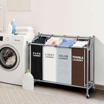 4 Bag Laundry Sorter Cart, Laundry Hamper Sorter Basket with Heavy Duty Lockable Rolling Wheels for Clothes Storage, Mix Colors