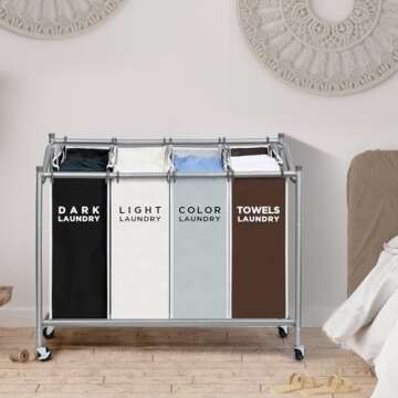 4 Bag Laundry Sorter Cart, Laundry Hamper Sorter Basket with Heavy Duty Lockable Rolling Wheels for Clothes Storage, Mix Colors