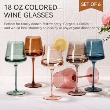 Colored Wine Glasses Set of 6-18oz【Hand Blown】Crystal Colorful Wine Glasses with Stem-Muticolor ...