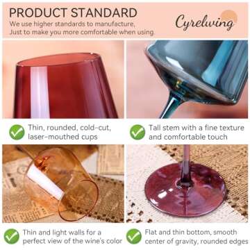 Colored Wine Glasses Set of 6-18oz【Hand Blown】Crystal Colorful Wine Glasses with Stem-Muticolor Wine Glass Wedding gift set for wine lovers Red White Wine Dinner