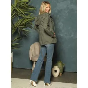 MixMatchy Women's Casual Military Anorak Jackets Zip Up Snap Button Hooded Parka Safari Utility Coats Outerwear Olive M