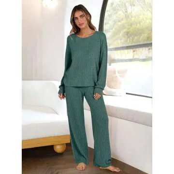 ANRABESS Women 2 Piece Lounge Pajamas Sets Casual Ribbed Knit Long Sleeve Top Pants Matching Set 202...