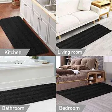 Turquoize Non Slip Shaggy Chenille Bathroom Rugs Black Bathroom Rug Mat Extra Long Large Bath Rug 47 x 17 Kitchen Rugs and Mats, Super Water Absorbent & Soft Washable Bath Rug for Bathroom, Black