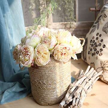 Natural Woven Seagrass Tote Belly Basket, Nordic Fruit Gardening Storage Basket Decorative Basket Flower Pot Planter with Handles for Home Organizer, Plant Pot Cover, Laundry and Beach Bag(L)