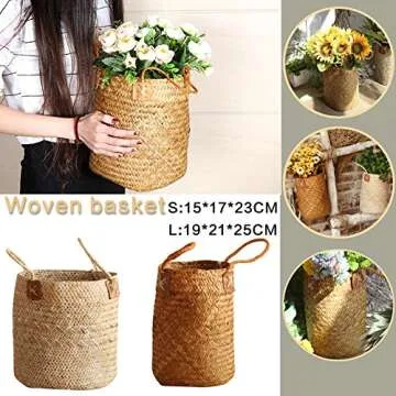 Natural Woven Seagrass Tote Belly Basket, Nordic Fruit Gardening Storage Basket Decorative Basket Flower Pot Planter with Handles for Home Organizer, Plant Pot Cover, Laundry and Beach Bag(L)
