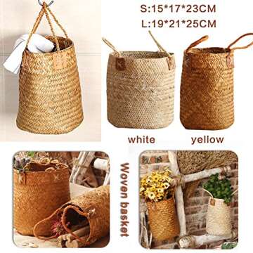 Natural Woven Seagrass Tote Belly Basket, Nordic Fruit Gardening Storage Basket Decorative Basket Flower Pot Planter with Handles for Home Organizer, Plant Pot Cover, Laundry and Beach Bag(L)
