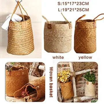 Natural Woven Seagrass Tote Belly Basket, Nordic Fruit Gardening Storage Basket Decorative Basket Flower Pot Planter with Handles for Home Organizer, Plant Pot Cover, Laundry and Beach Bag(L)