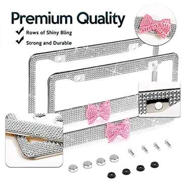 2 Pack Bling License Plate Frame，Handcrafted Bling Rhinestone Premium Stainless Steel License Plat...