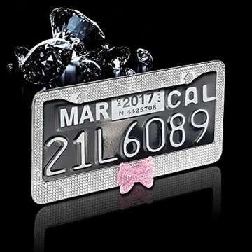 2 Pack Bling License Plate Frame，Handcrafted Bling Rhinestone Premium Stainless Steel License Plate Frame，14 Facets Clear Color Rhinestone Crystal (Silver&Pink-Bow)