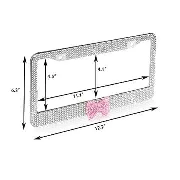 2 Pack Bling License Plate Frame，Handcrafted Bling Rhinestone Premium Stainless Steel License Plate Frame，14 Facets Clear Color Rhinestone Crystal (Silver&Pink-Bow)