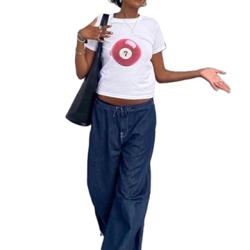 Women's Short Sleeve Y2K White Baby Tees E-Girls Cute Graphic Print Crop Tops Slim Fit T Shirts Retr...