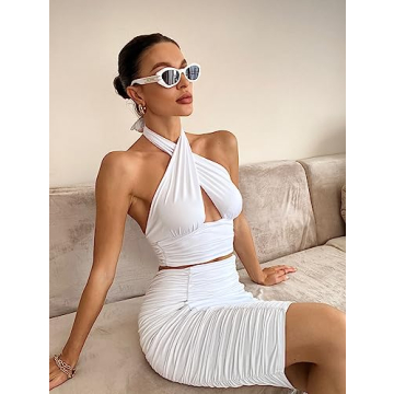 BEAGIMEG Women's Sexy Bodycon 2 Piece Sleeveless Ruched Midi Dress Cross Top Club Party Dress White