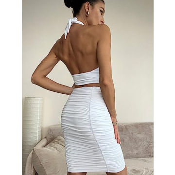 BEAGIMEG Women's Sexy Bodycon 2 Piece Sleeveless Ruched Midi Dress Cross Top Club Party Dress White