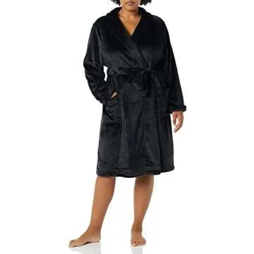 Amazon Essentials Women's Mid-Length Plush Robe (Available in Plus Size), Black, Small