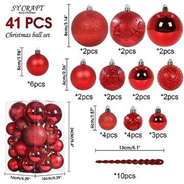 41PCS Christmas Ball Ornaments for Christmas Tree Decorations, Xmas Tree Red Shatterproof Ball Ornam...