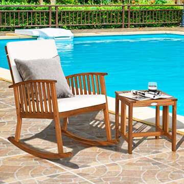 Tangkula Acacia Wood Patio Bistro Set, Outdoor Rocking Chair with Table, Porch Rocker with Thick Cus...