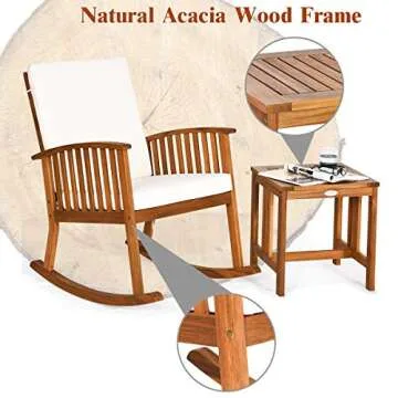 Tangkula Acacia Wood Patio Bistro Set, Outdoor Rocking Chair with Table, Porch Rocker with Thick Cushion of Detachable Cover, Porch Rocking Chair Table Set for Outdoor Indoor Patio Backyard, Teak