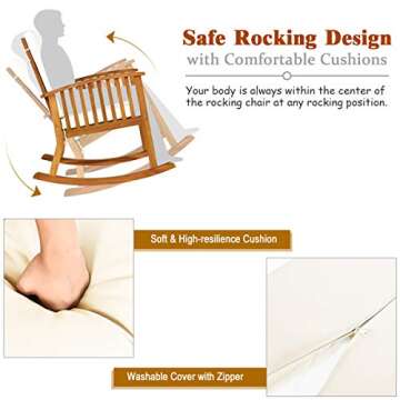 Tangkula Acacia Wood Patio Bistro Set, Outdoor Rocking Chair with Table, Porch Rocker with Thick Cushion of Detachable Cover, Porch Rocking Chair Table Set for Outdoor Indoor Patio Backyard, Teak