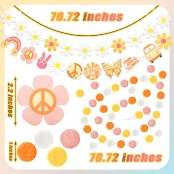 Tegeme 4 Pcs Groovy Party Decorations Garland Felt Ball Hippie Party Banner and Daisy Boho Garland S...