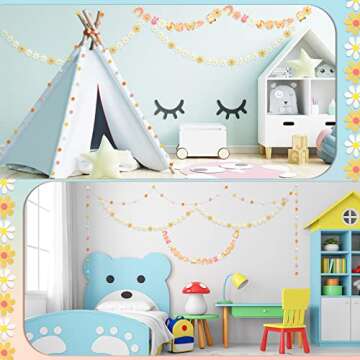 Tegeme 4 Pcs Groovy Party Decorations Garland Felt Ball Hippie Party Banner and Daisy Boho Garland Set with 6.5 ft Pom Pom Banner Spring Party Supplies Retro Decor for Wall