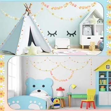 Tegeme 4 Pcs Groovy Party Decorations Garland Felt Ball Hippie Party Banner and Daisy Boho Garland Set with 6.5 ft Pom Pom Banner Spring Party Supplies Retro Decor for Wall