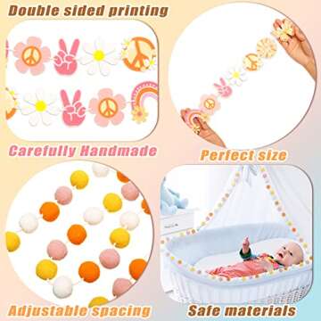 Tegeme 4 Pcs Groovy Party Decorations Garland Felt Ball Hippie Party Banner and Daisy Boho Garland Set with 6.5 ft Pom Pom Banner Spring Party Supplies Retro Decor for Wall