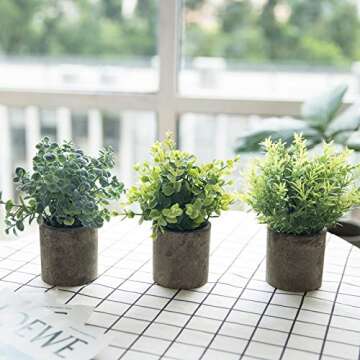THE BLOOM TIMES Set of 3 Small Potted Artificial Plants Plastic Fake Greenery Faux Plants in Pots for Rustic Home Office Desk Farmhouse Bathroom Kitchen Indoor Decor