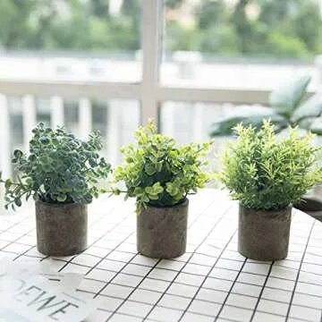 THE BLOOM TIMES Set of 3 Small Potted Artificial Plants Plastic Fake Greenery Faux Plants in Pots for Rustic Home Office Desk Farmhouse Bathroom Kitchen Indoor Decor