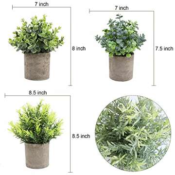 THE BLOOM TIMES Set of 3 Small Potted Artificial Plants Plastic Fake Greenery Faux Plants in Pots for Rustic Home Office Desk Farmhouse Bathroom Kitchen Indoor Decor