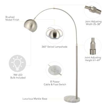 Vonluce Modern Floor Lamp for Living Room, Brushed Nickel Arc Floor Lamp with LED Bulb, Marble Base Contemporary Tall Lamp for Living Room Couch Sofa, Height Up to 69 Inch