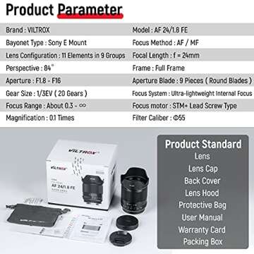 VILTROX FE 24mm f/1.8 F1.8 Full Frame Auto Focus Wide Angle Lens for Sony E Mount a7 a6500