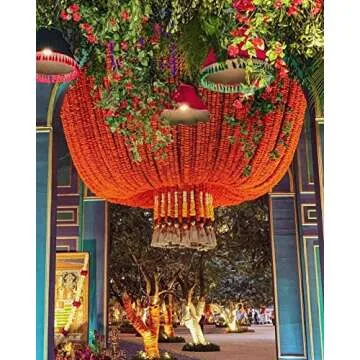 5 Pc Marigold Garland 4.5 Ft Long Strands of Artificial Marigold Flowers, Diwali Decorations Home, Indian Décor for Pooja, Wedding, Spring Bush Floral, Faux Garland, Día de Muertos Décor (Pink+Yellow)