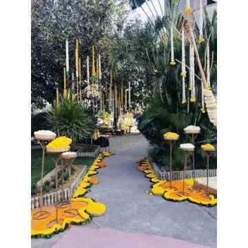 5 Pc Marigold Garland 4.5 Ft Long Strands of Artificial Marigold Flowers, Diwali Decorations Home, Indian Décor for Pooja, Wedding, Spring Bush Floral, Faux Garland, Día de Muertos Décor (Pink+Yellow)