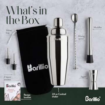 Barillio Mixology Bartender Kit - 8-Pc Stainless-Steel Travel Cocktail Shaker Set with Bag - Bar Tools Set w/Martini Shaker, Drink Mixer Spoon & Mojito Muddler for Cocktails - Bar & Bartending Kit