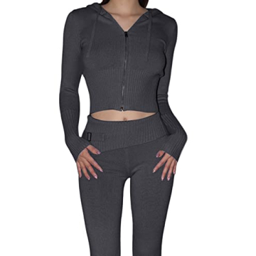 Zhiyouni Women's Knitted 2 Piece Outfits High Waist Loungewear Set