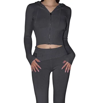 Zhiyouni Women's Knitted 2 Piece Outfits High Waist Loungewear Set