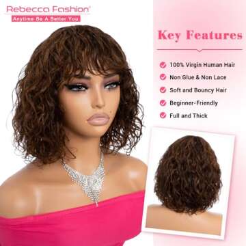 Rebecca Fashion #4/30 Short Curly Human Hair Wigs for Black Women Cute Bob Wig Wear and Go Glueless ...