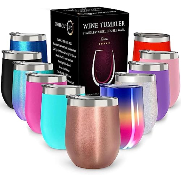 CHILLOUT LIFE 12 oz Stainless Steel Wine Tumbler with Lid & Gift Box, Double Wall Vacuum Insulated T...