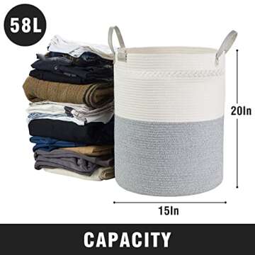 Woven Rope Laundry Basket by TECHMILLY, 72L Baby Nursery Hamper for Clothes Blanket Storage, Large Tall Laundry Hamper for College Dorm, Bedroom, Living Room