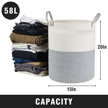 Woven Rope Laundry Basket by TECHMILLY, 72L Baby Nursery Hamper for Clothes Blanket Storage, Large Tall Laundry Hamper for College Dorm, Bedroom, Living Room