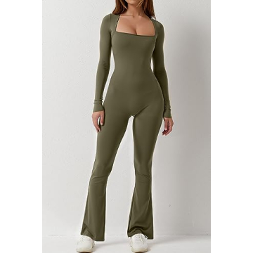 QINSEN Women's Long Sleeve Flare Jumpsuit Bodysuit Olive Green