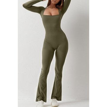 QINSEN Women's Long Sleeve Flare Jumpsuit Bodysuit Olive Green