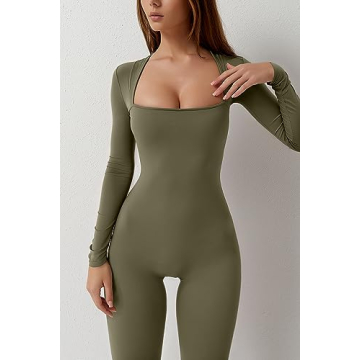QINSEN Women's Long Sleeve Flare Jumpsuit Bodysuit Olive Green
