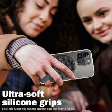 Orzero Magnetic Silicone Suction Cup MagSafe Phone Case for iPhone 16/15/14/13/12 Series with Metal Ring for Any Other Phone, Powerful Hands-Free Sticker for TikTok Videos and Selfies (Black)